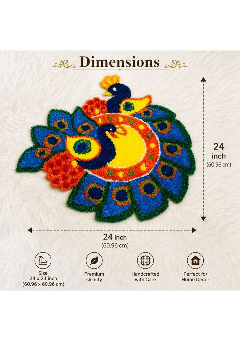 Klassie Stores Multicolour Handmade Quick Decor 24x24 Inch Peacock Rangoli Mat Reusable Festive Decor - Indya