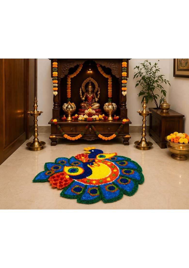 Klassie Stores Multicolour Handmade Quick Decor 24x24 Inch Peacock Rangoli Mat Reusable Festive Decor - Indya