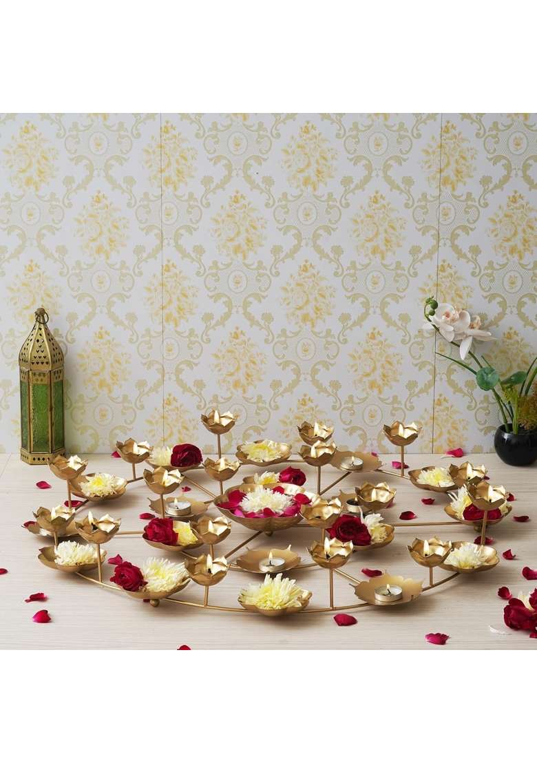 Loopysky Floral Metal Rangoli with Urli Bowls Decorative Gold Round Urli for Home Decor - Indya