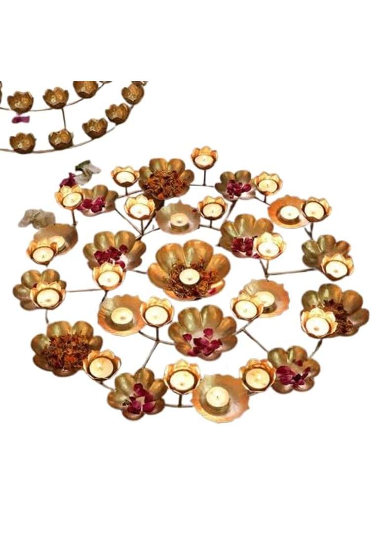 Loopysky Floral Metal Rangoli with Urli Bowls Decorative Gold Round Urli for Home Decor - Indya