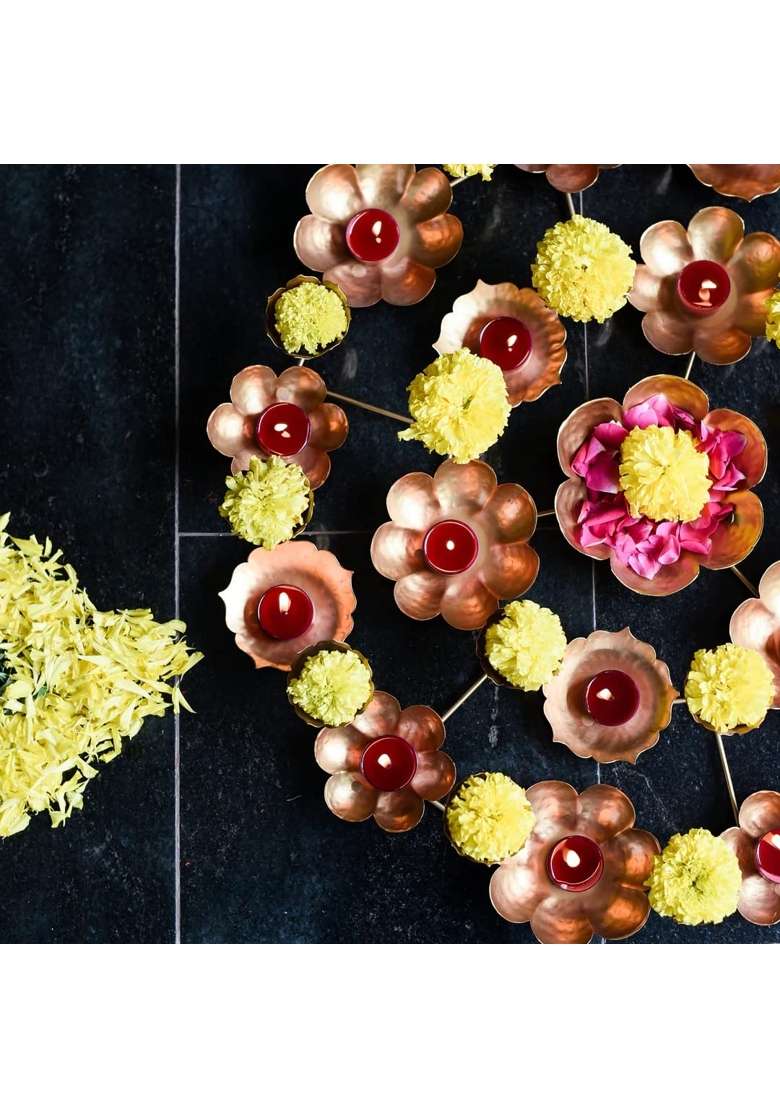 Loopysky Floral Metal Rangoli with Urli Bowls Decorative Gold Round Urli for Home Decor - Indya
