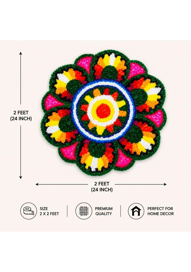 Klassie Stores Multicolour Handmade Quick Decor 24x24 Inch Floral Rangoli Mat Reusable Festive Decor - Indya