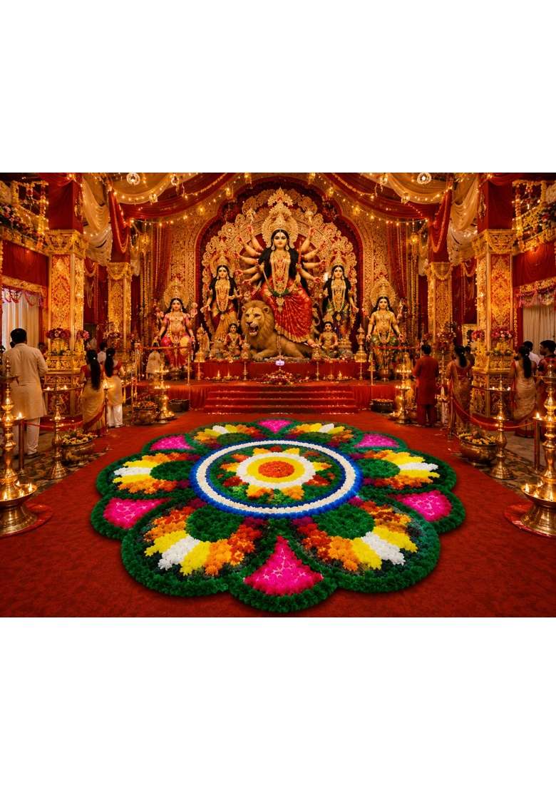 Klassie Stores Multicolour Handmade Quick Decor 24x24 Inch Floral Rangoli Mat Reusable Festive Decor - Indya