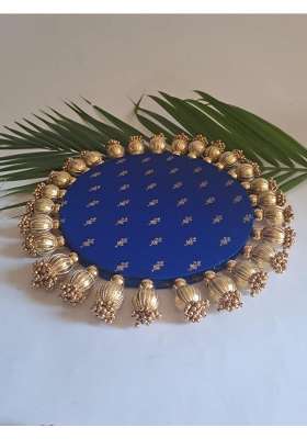 Home Storiee Blue Reversible Brocade Decorative Rangoli Mat and God Singhasan MDF Base