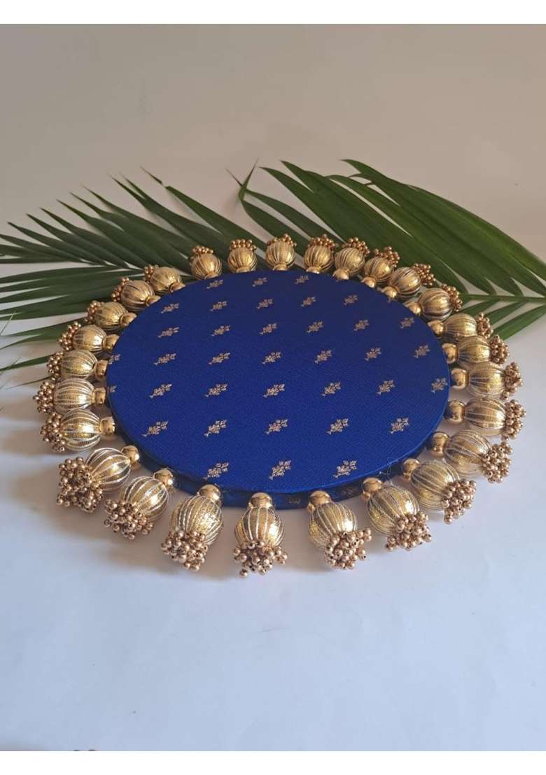 Home Storiee Blue Reversible Brocade Decorative Rangoli Mat and God Singhasan MDF Base - Indya