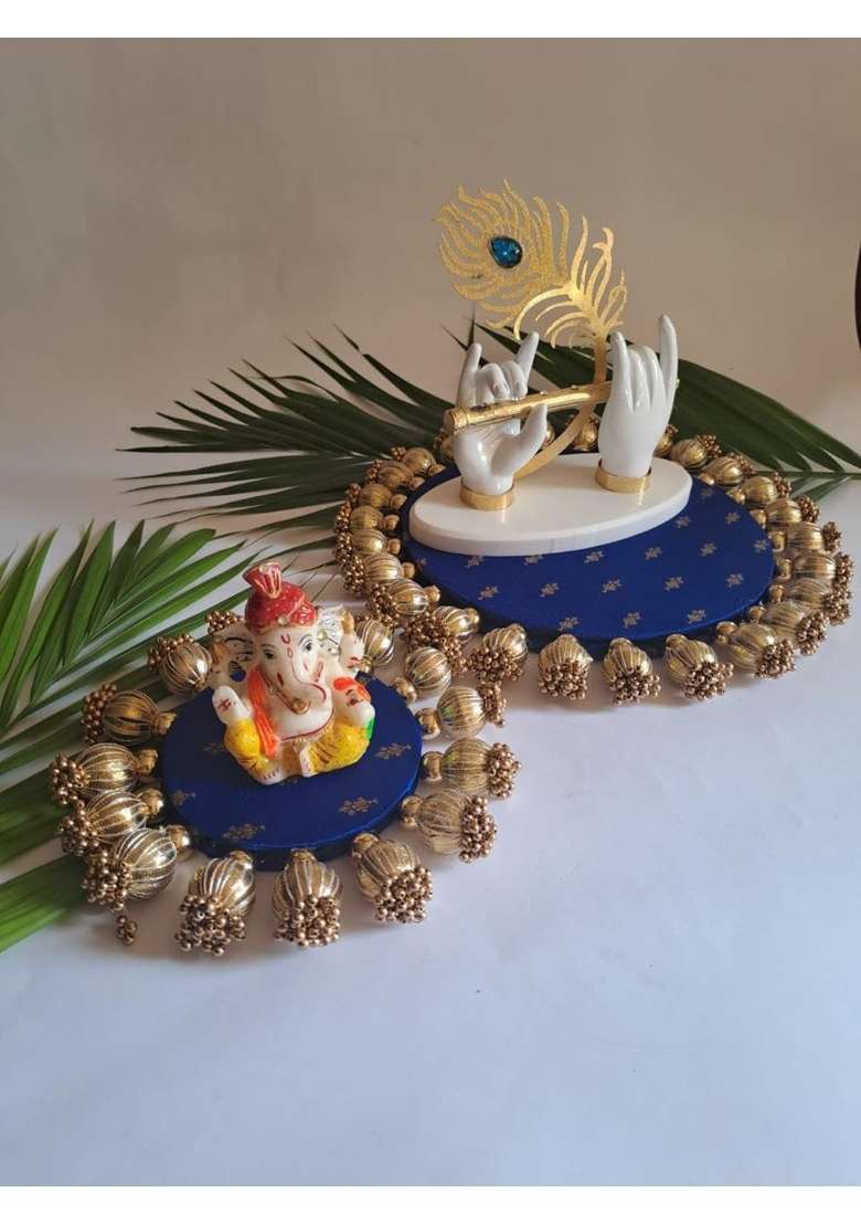 Home Storiee Blue Reversible Brocade Decorative Rangoli Mat and God Singhasan MDF Base - Indya