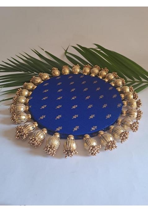 Home Storiee Blue Reversible Brocade Decorative Rangoli Mat and God Singhasan MDF Base