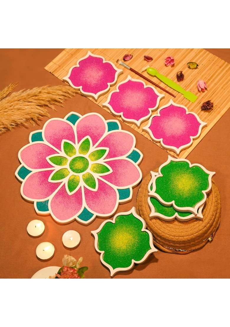 Decodesk Pink Good Vibes Island Rangoli Gift Hamper Premium Rangoli Template Hamper for Every Occasion - Indya
