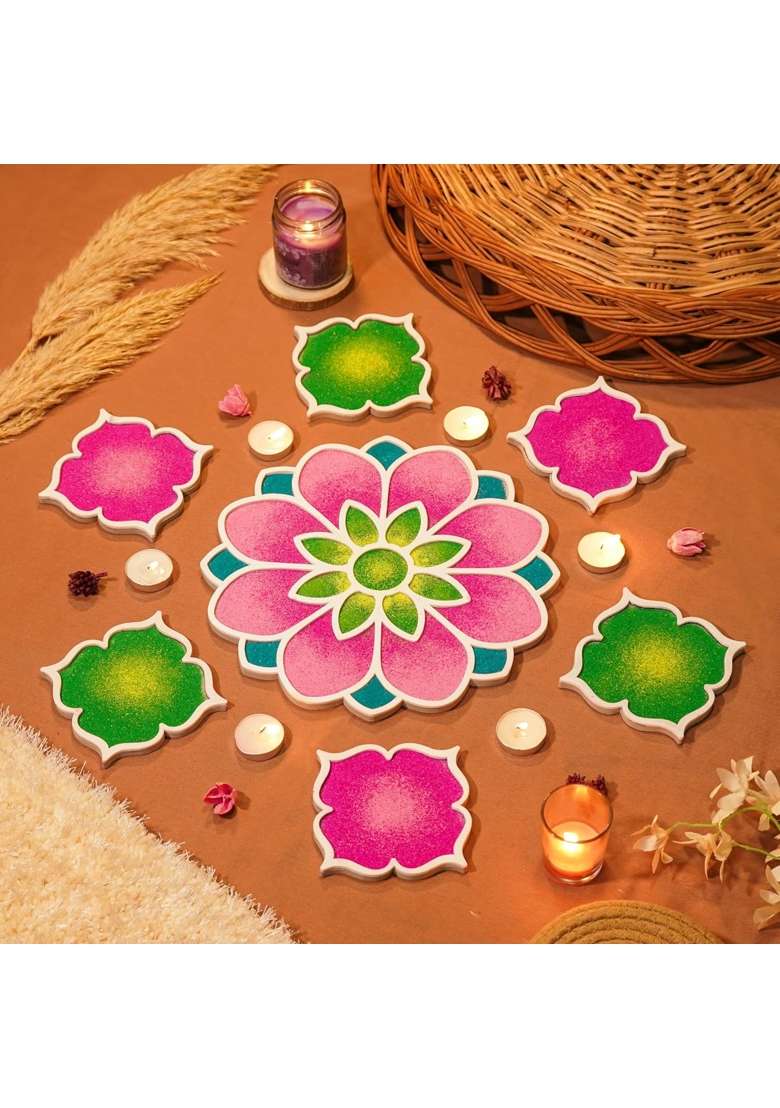 Decodesk Pink Good Vibes Island Rangoli Gift Hamper Premium Rangoli Template Hamper for Every Occasion - Indya