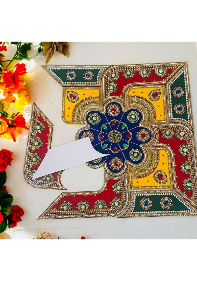 Multicolour Ready to Use Acrylic Rangoli 20 Inch Stone and Pearl Rangoli Decor - Indya