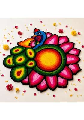 Klassie Stores Multicolour Handmade Quick Decor 24x24 Inch Peacock Rangoli Mat Reusable Festive Decor