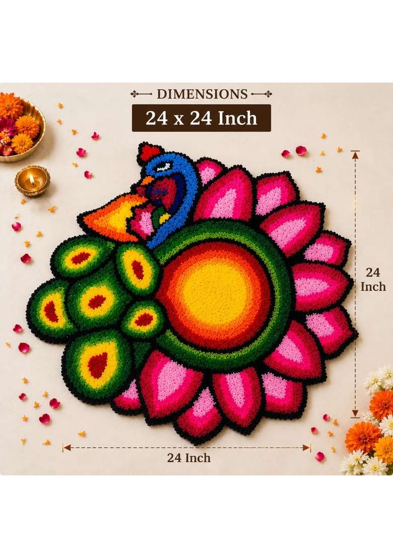 Klassie Stores Multicolour Handmade Quick Decor 24x24 Inch Peacock Rangoli Mat Reusable Festive Decor - Indya