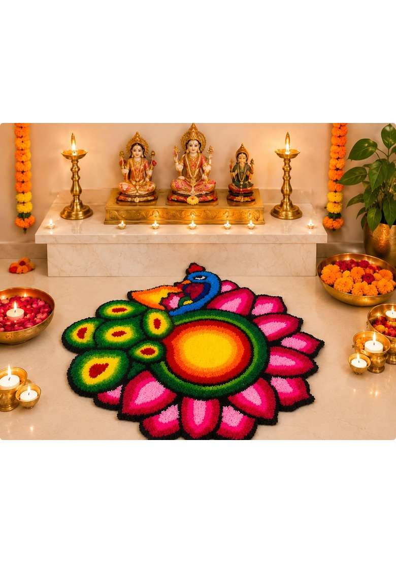 Klassie Stores Multicolour Handmade Quick Decor 24x24 Inch Peacock Rangoli Mat Reusable Festive Decor - Indya
