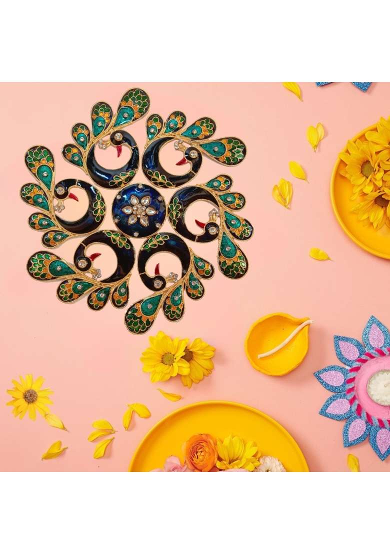 Multicolour 8x8 Inches Peacock Rangoli Set for Decoration Beautiful Peacock Metal D Cor Piece with Tea Light - Indya