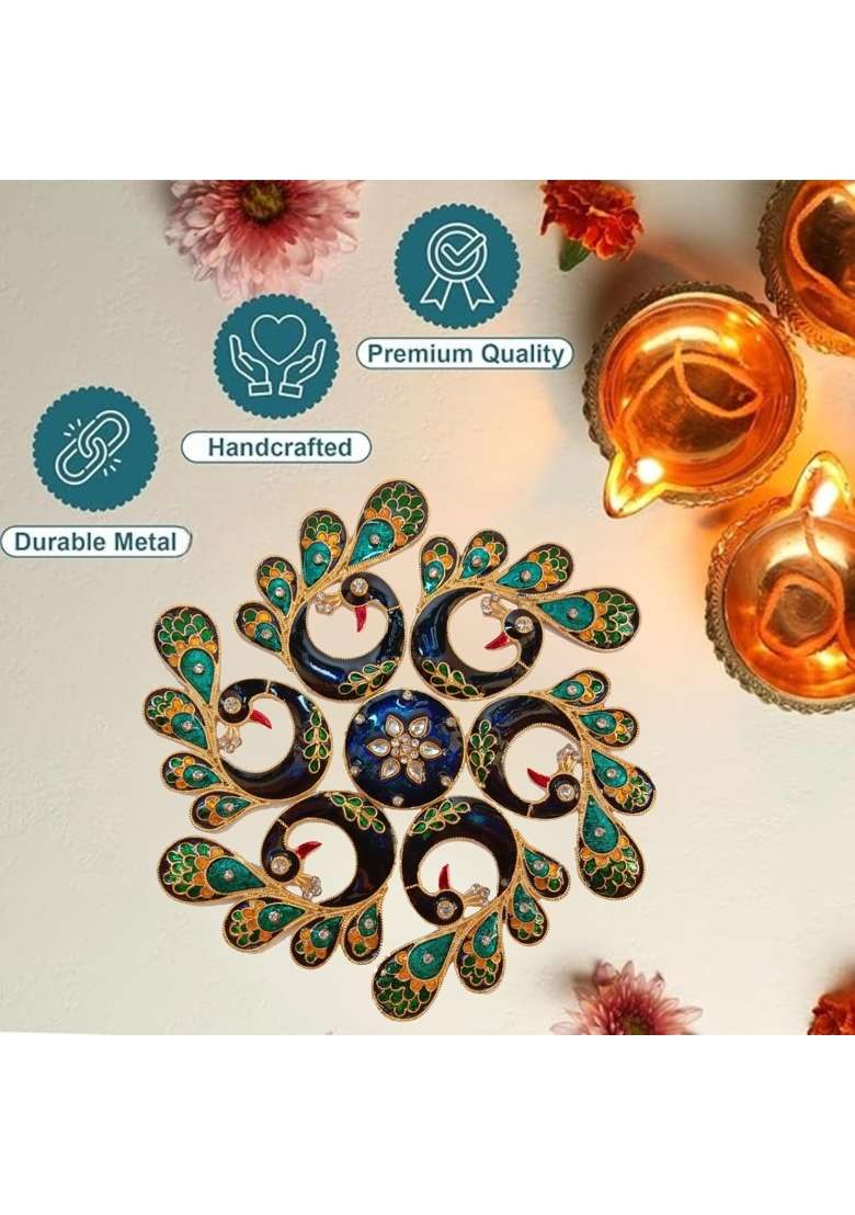 Multicolour 8x8 Inches Peacock Rangoli Set for Decoration Beautiful Peacock Metal D Cor Piece with Tea Light - Indya