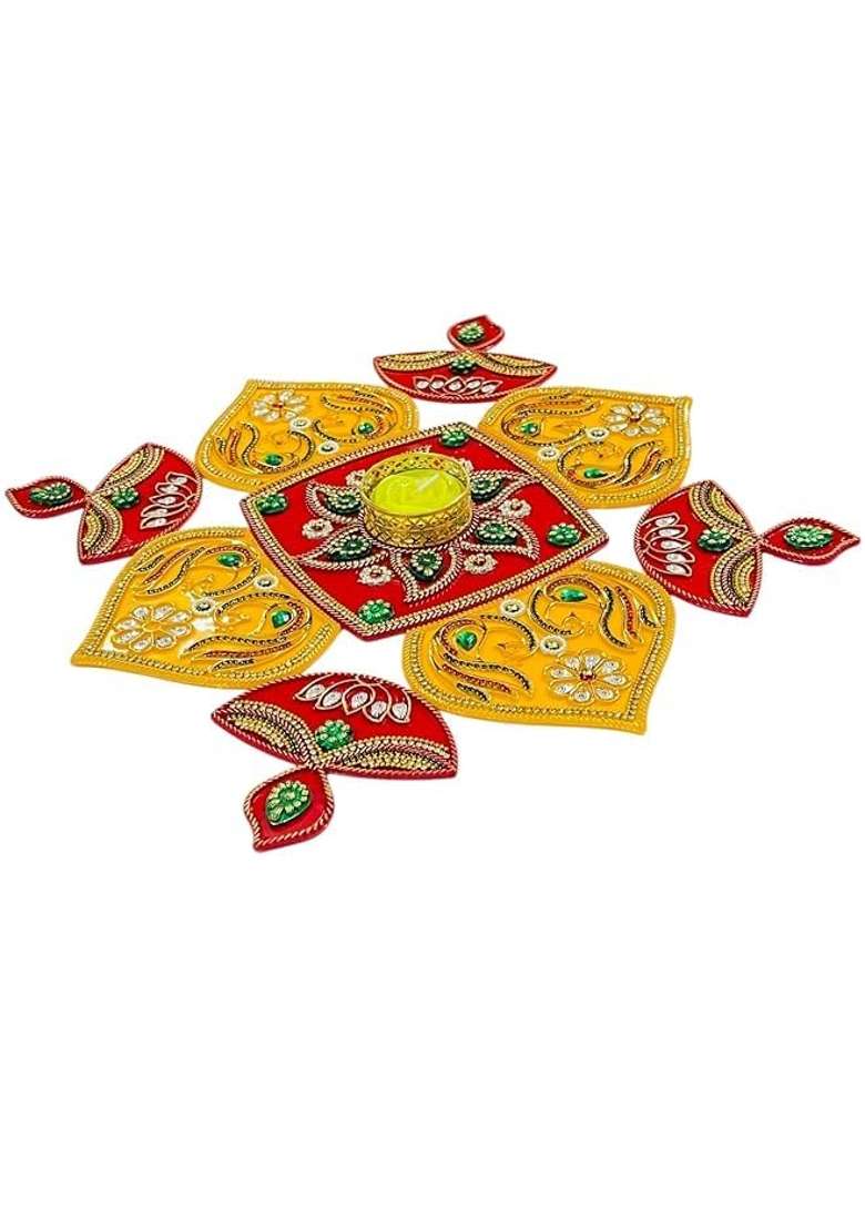 Krishav Acrylic Rangoli Multicolour Jewel Stone Handicraft Decoration Red Yellow - Indya