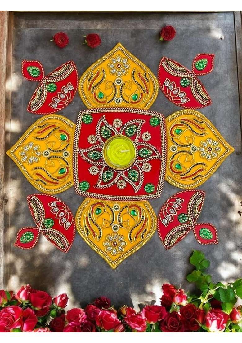 Krishav Acrylic Rangoli Multicolour Jewel Stone Handicraft Decoration Red Yellow - Indya