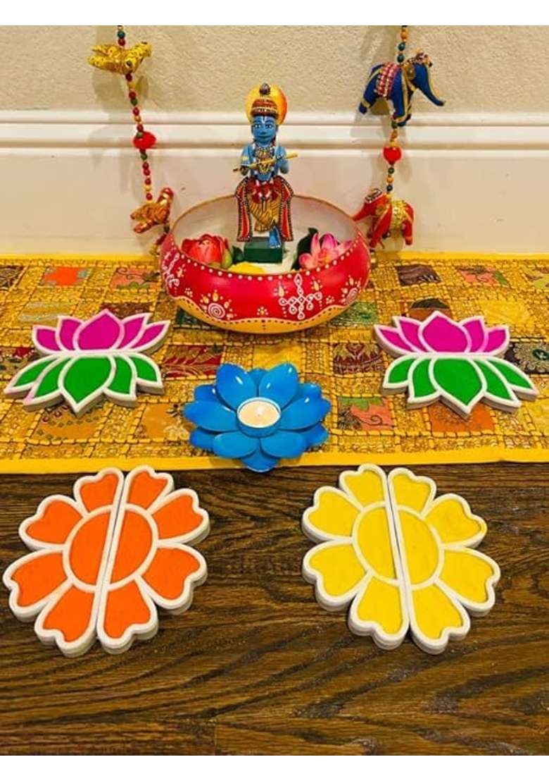 The Brown Box Island Rangoli Shree Yantra Flower Design Template Rangoli Making Kit with Colors and Glitter - Indya