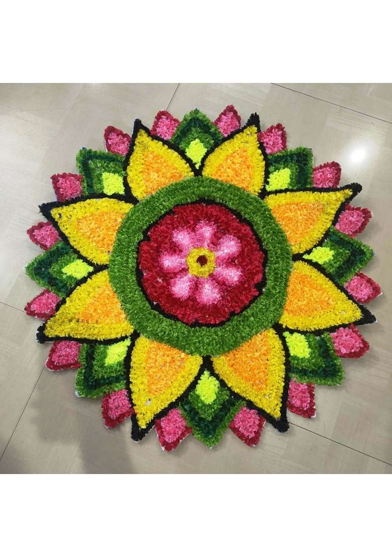 Handmade Woollen Rangoli Mat for Festivals Pooja and Religious Decoration Multicolour Floral Design 2x2 Feet - Indya