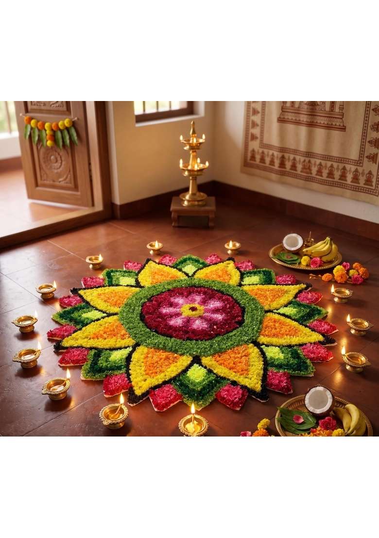Handmade Woollen Rangoli Mat for Festivals Pooja and Religious Decoration Multicolour Floral Design 2x2 Feet - Indya