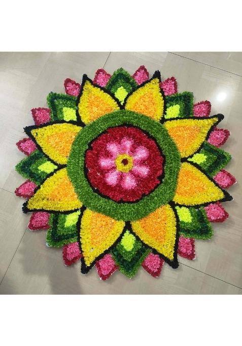 Handmade Woollen Rangoli Mat for Festivals Pooja and Religious Decoration Multicolour Floral Design 2x2 Feet