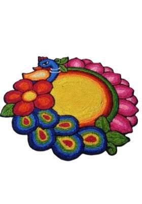 Multicolour Dream Decore Handmade Peacock Floral Rangoli Mat 2Ft X 2Ft Front Wool Felt Backing Dry Clean Only