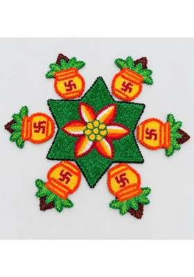 Agantuk Handmade Wool Rexine Rangoli Mat Set with 1 Flower and 6 Kalash