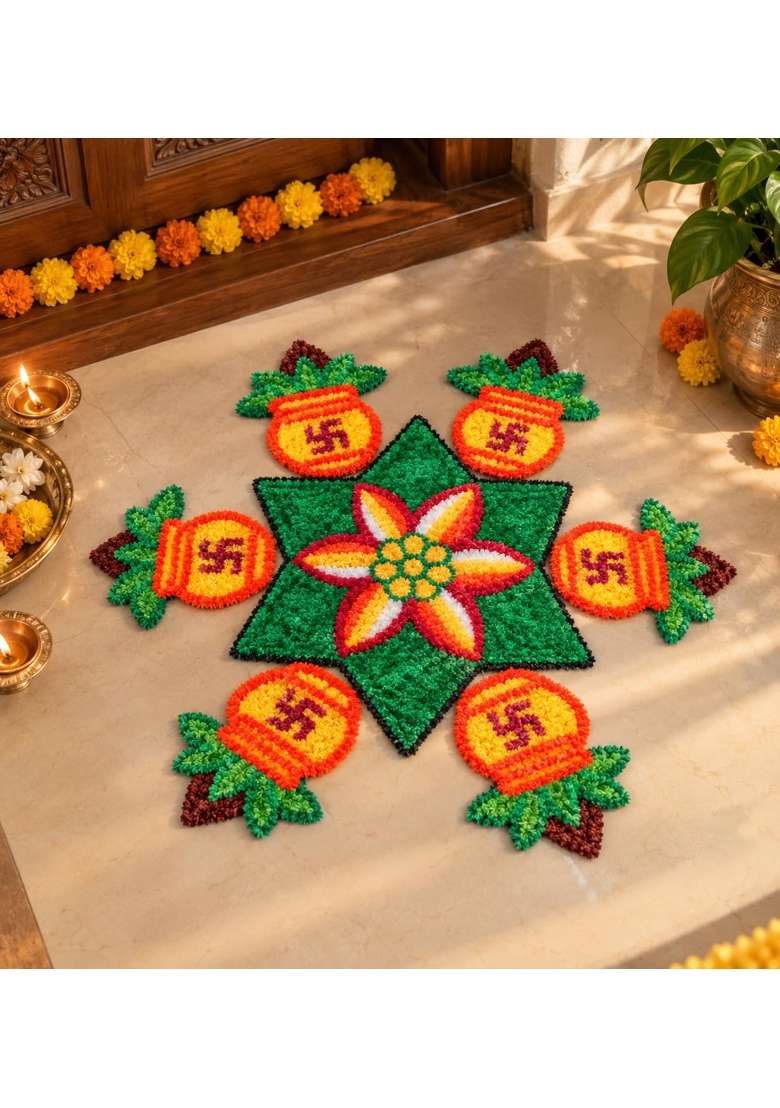 Agantuk Handmade Wool Rexine Rangoli Mat Set with 1 Flower and 6 Kalash - Indya