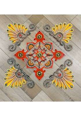 Mishita Collections Multicolour Wooden Handcrafted Decorative Big Rangoli Set with Kundan Work for Diwali