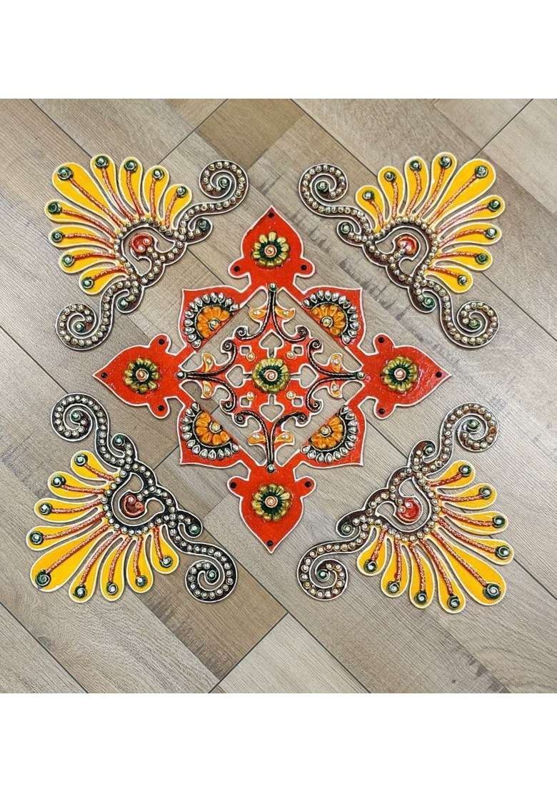 Mishita Collections Multicolour Wooden Handcrafted Decorative Big Rangoli Set with Kundan Work for Diwali - Indya