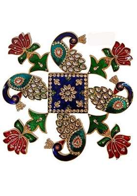 Multicolour 10x10 Inch Peacock and Lotus Rangoli Set for Decoration Square Mat Peacock Lotus Bird Flower Metal