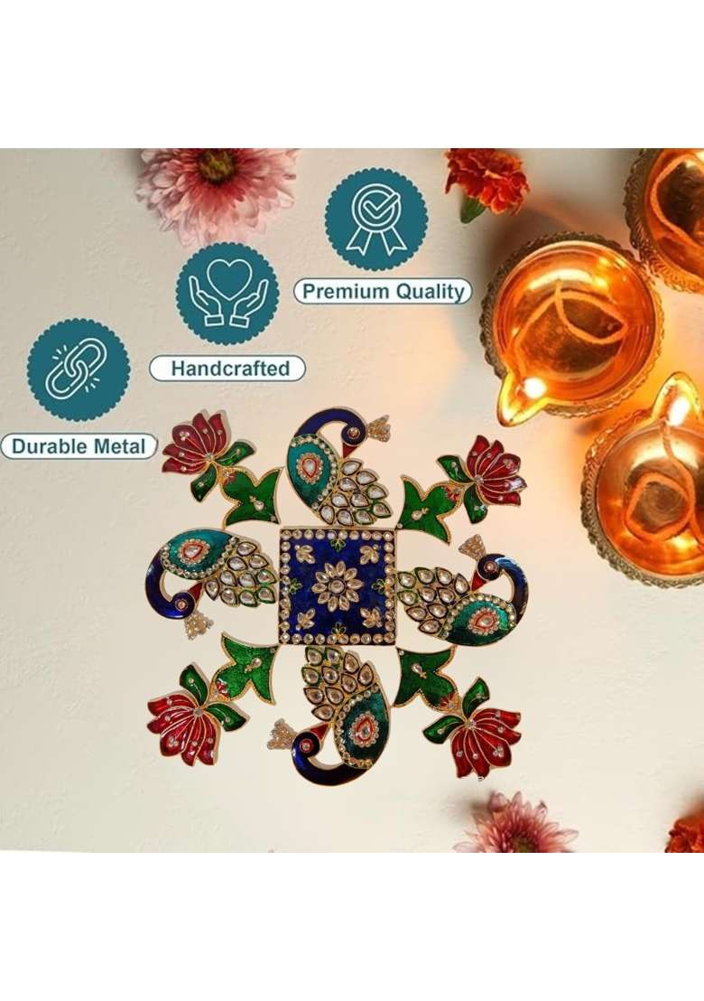 Multicolour 10x10 Inch Peacock and Lotus Rangoli Set for Decoration Square Mat Peacock Lotus Bird Flower Metal - Indya
