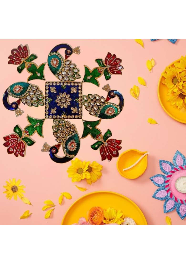 Multicolour 10x10 Inch Peacock and Lotus Rangoli Set for Decoration Square Mat Peacock Lotus Bird Flower Metal - Indya