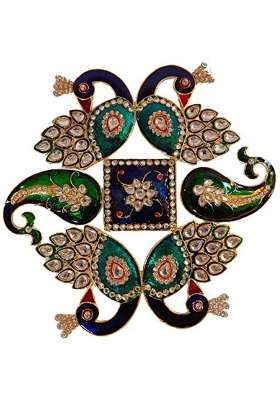 Multicolour 8x8 Inches Peacock Rangoli Set for Decoration Square Shaped Peacock Metal D Cor Piece for Table