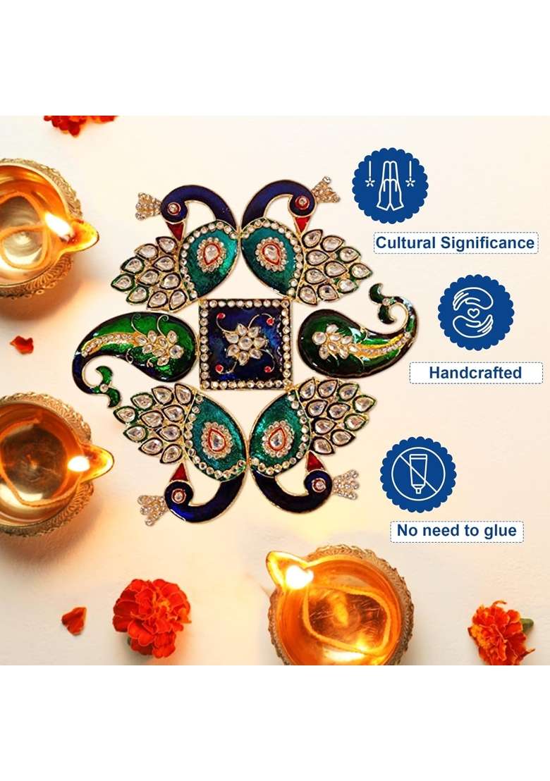 Multicolour 8x8 Inches Peacock Rangoli Set for Decoration Square Shaped Peacock Metal D Cor Piece for Table - Indya