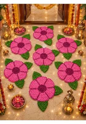 Gurukrupa Shoppy Woolen Fur Rangoli 6 Petal Round Flower Mat Flower Shape Decorative Rangoli Pack of 6
