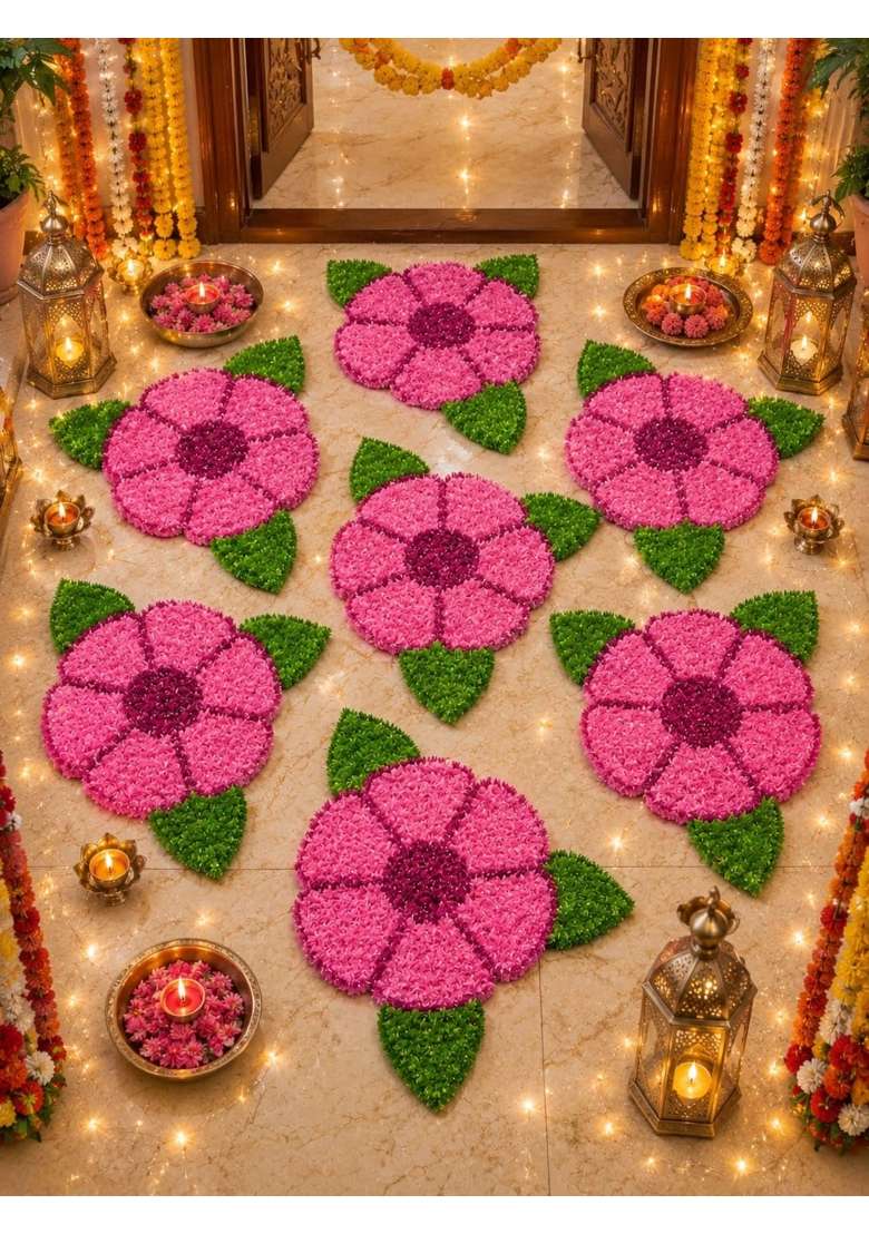 Gurukrupa Shoppy Woolen Fur Rangoli 6 Petal Round Flower Mat Flower Shape Decorative Rangoli Pack of 6 - Indya