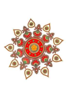 Krishav Acrylic Rangoli Set Red and Gold Handcrafted XL Size Reusable with T Light Holder Diwali Decoration
