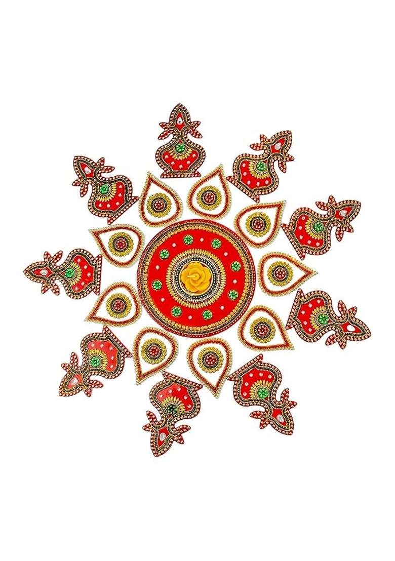 Krishav Acrylic Rangoli Set Red and Gold Handcrafted XL Size Reusable with T Light Holder Diwali Decoration - Indya