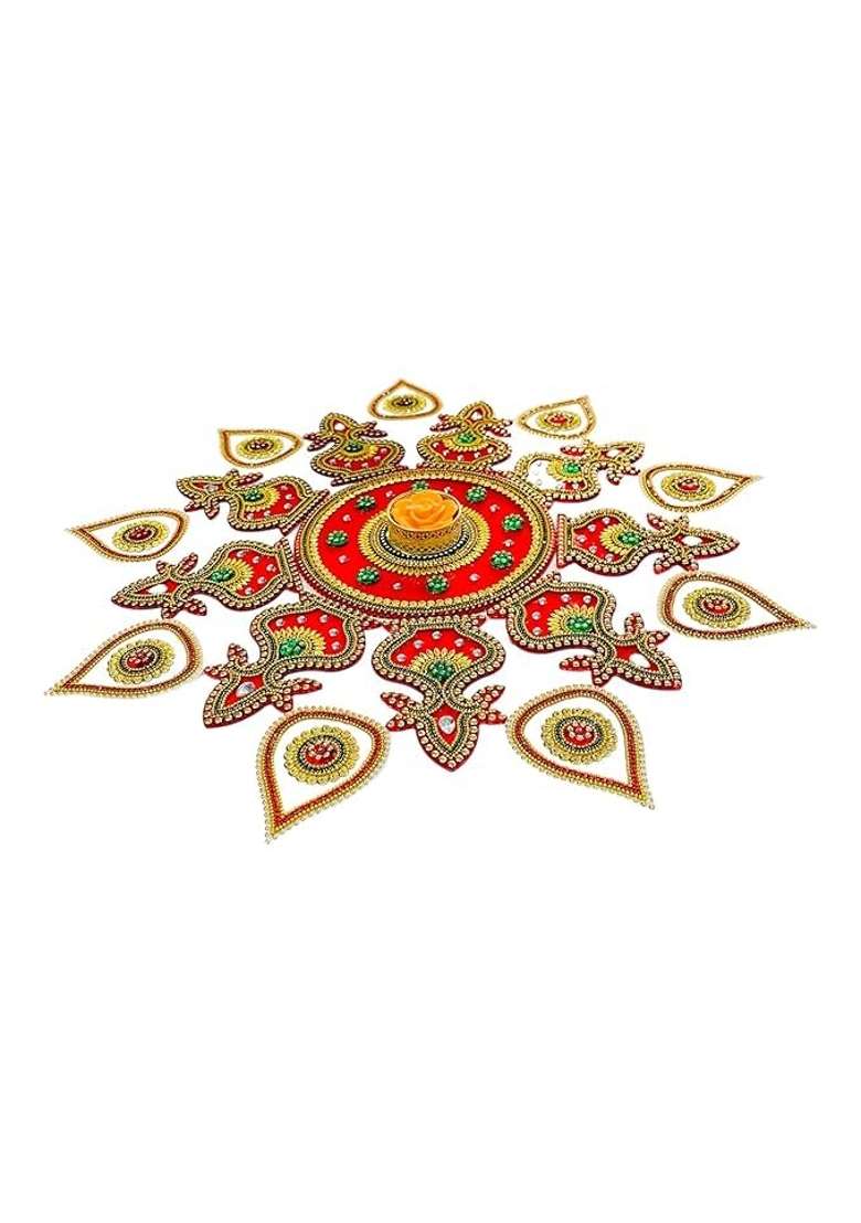 Krishav Acrylic Rangoli Set Red and Gold Handcrafted XL Size Reusable with T Light Holder Diwali Decoration - Indya