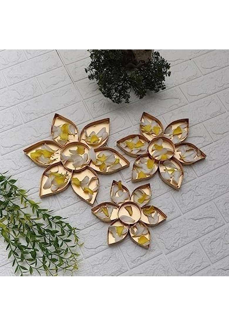 Shree Krishna Handicrafts and Gallery Decorative Flower Shape Metal Gold Rangoli Urli for Festival Set of 3 - Indya