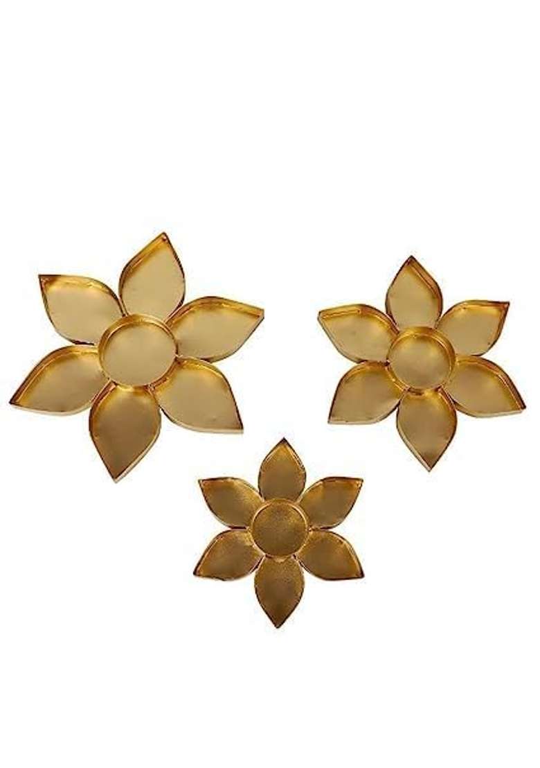Shree Krishna Handicrafts and Gallery Decorative Flower Shape Metal Gold Rangoli Urli for Festival Set of 3 - Indya