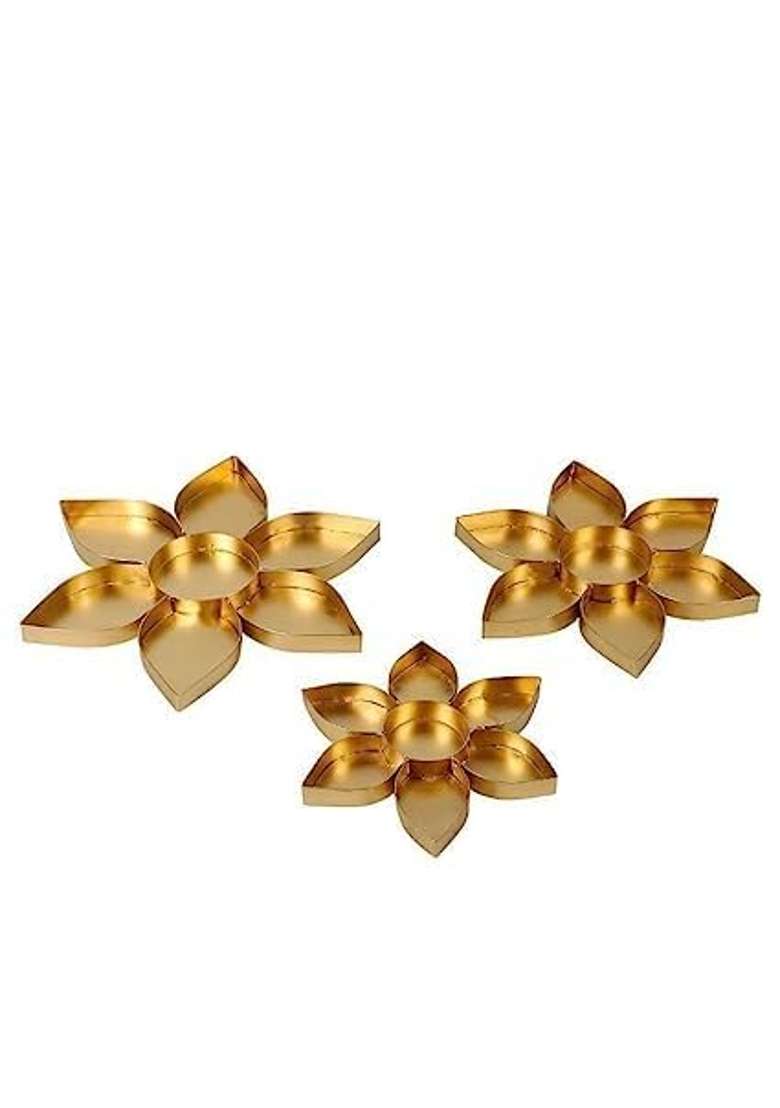 Shree Krishna Handicrafts and Gallery Decorative Flower Shape Metal Gold Rangoli Urli for Festival Set of 3 - Indya