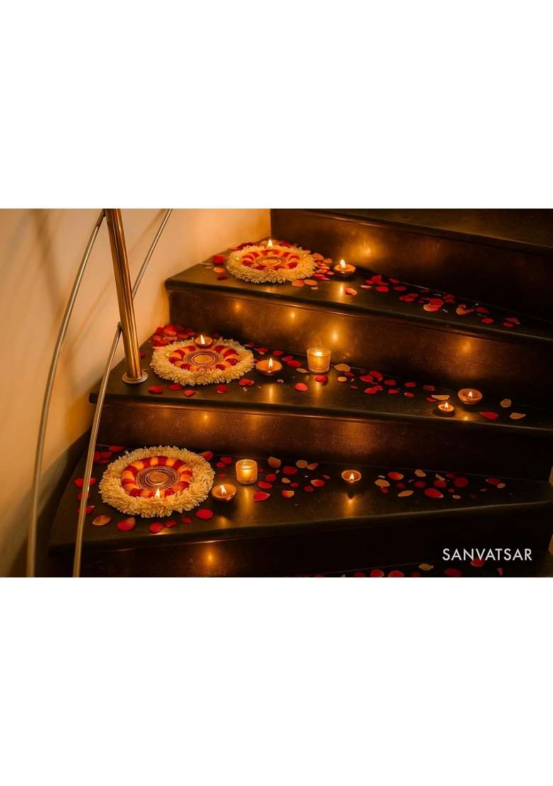 Sanvatsar Traditional Floral Floor Rangoli Decorations White and Pink Spiral Staircase Decoration Set 15 - Indya