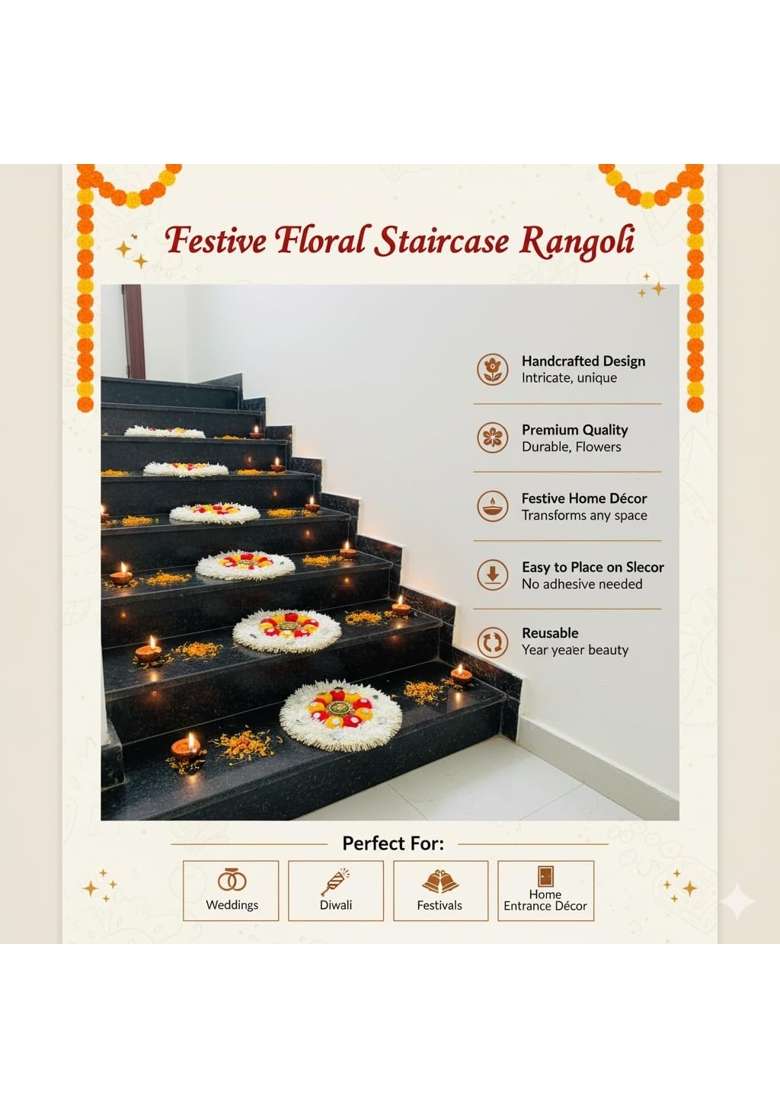 Sanvatsar Traditional Floral Floor Rangoli Decorations White and Pink Spiral Staircase Decoration Set 15 - Indya
