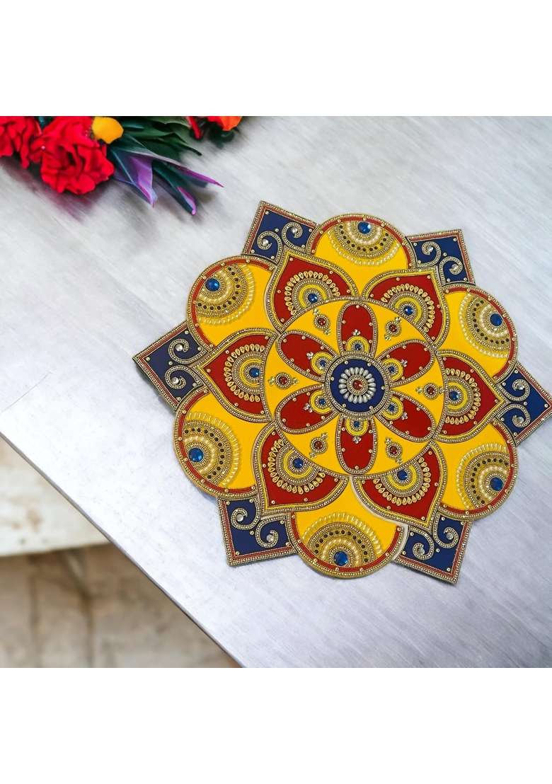 Multicolour Kundan Acrylic Rangoli Ganesh Decoration Items for Home and Office 20 Inches - Indya