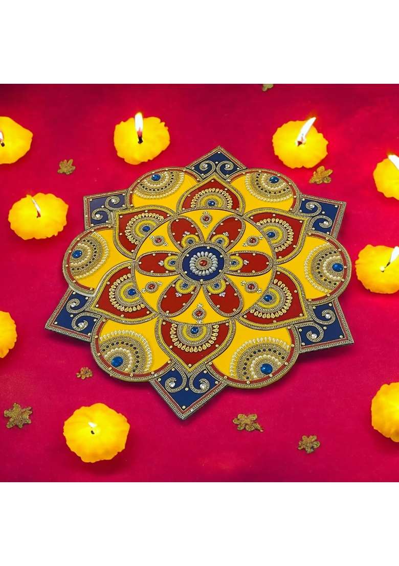Multicolour Kundan Acrylic Rangoli Ganesh Decoration Items for Home and Office 20 Inches - Indya