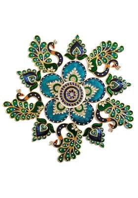 Multicolour 10 x10 Inches Peacock Rangoli Set for Decoration Round Shaped Peacock Mor Metal D Cor Piece