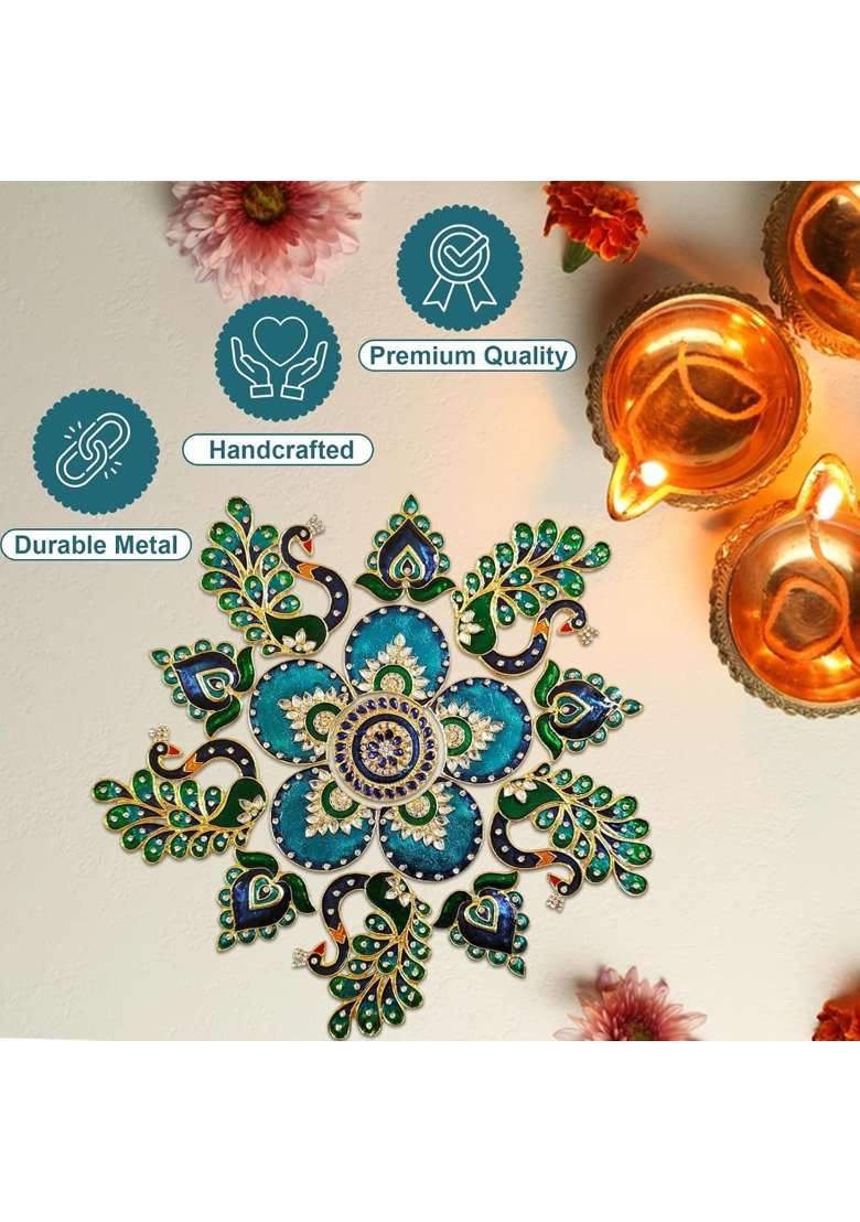 Multicolour 10 x10 Inches Peacock Rangoli Set for Decoration Round Shaped Peacock Mor Metal D Cor Piece - Indya