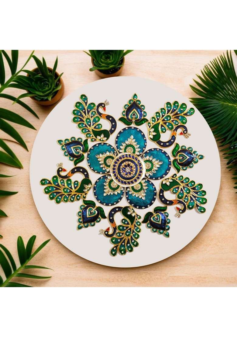 Multicolour 10 x10 Inches Peacock Rangoli Set for Decoration Round Shaped Peacock Mor Metal D Cor Piece - Indya